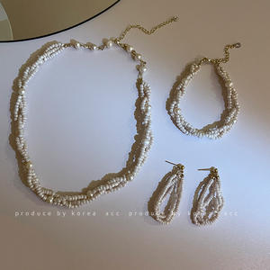 925 <b>Silver</b> Needle Wrapped Rice Bead <b>Earrings</b> Necklace Bracelet Set French Retro Light Luxury Collarbone <b>Chain</b> Pearl Necklaces - Product Image 2