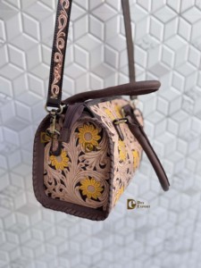 Hand Tooled Carving Leather Speedy Handbag Floral Pattern New Designer Gypsy Boho <b>Shoulder</b> Handmade Stylish Women Uses Bag - Product Image 2