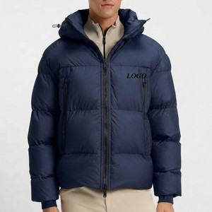 Hot Sale <b>Men</b> Navy Blue Hooded Puffer <b>Jacket</b> With Front Logo Zip Closure Windproof Winter Casual Outerwear Streetwear - Product Image 1