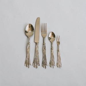Silver Plated Minimalist Cutlery Set With Tassel Handles <b>Mirror</b> Finish Long Handle Creative Design For Wedding Use - Product Image 1