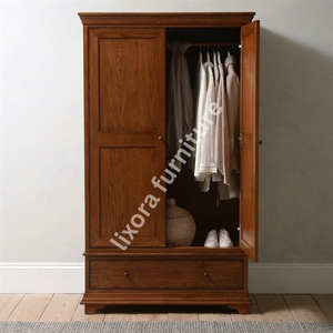 Premium Solid Wood 2 Door <b>Wardrobe</b> with Spacious Lower Drawer Classic Oak Finish Bedroom Armoire - Product Image 4