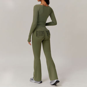 Women's Adults Summer Solid <b>Purple</b> <b>Long</b> <b>Sleeve</b> Crop <b>Top</b> Flared Leggings Set Square Collar Zipper Detail Breathable Knitted - Product Image 4