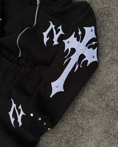 Ensemble de survêtement gothique noir à capuche, manches longues, fermeture éclair sur le devant, imprimé croix blanche, tenue décontractée d'automne pour garçons et enfants - Product Image 2