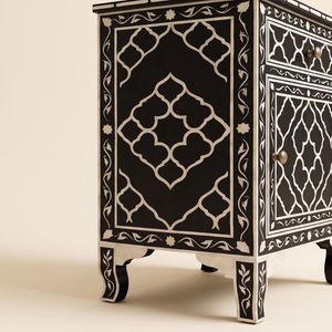 Handcrafted <b>Black</b> Bone Inlay <b>Bedside</b> Table 1 Drawer Moroccan Trellis Motif Luxury Indian Inlay Furniture <b>Bedside</b> <b>Cabinet</b> - Product Image 4
