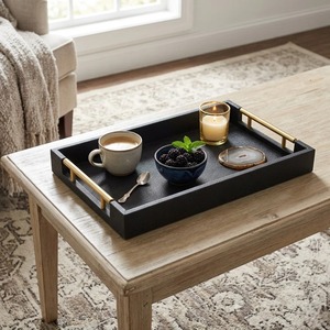 Rectangular <b>Black</b> Decorative Tray with Gold Handles Minimalist Design Metal Material Single Piece Package - Product Image 2