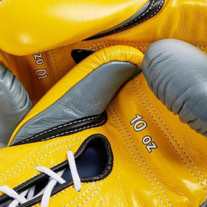 Gants de boxe OEM jaunes et gris de haute qualité en cuir de vachette véritable pour la lutte et l'entraînement en salle de sport – Vente en gros - Product Image 5