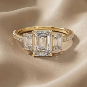 High Quality Emerald Cut Lab Grown Diamond Three Stone Ring for Wedding Engagement VVS VS Fine Ring at Affordable Price - Product Image 1