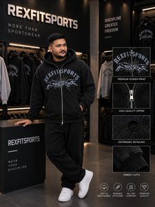 REXFITSPORTS 2026 Sweat à capuche zippé noir vieilli pour homme, impression graphique premium, streetwear - Product Image 4