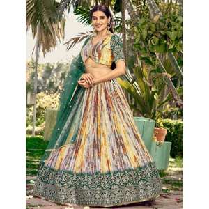 Cautivador blanco y verde impreso digital Chinon Lehenga Choli para Club Wear - Product Image 6