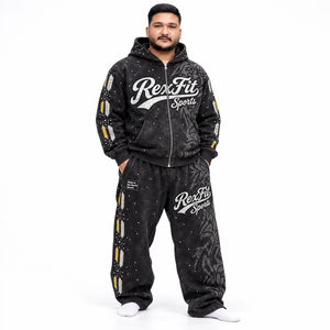Ensemble de survêtement unisexe avec veste zippée à motifs en strass et pantalon ample, étiquette personnalisée, style streetwear, avec détails personnalisés sur toute la surface, vêtements d'automne - Product Image 3