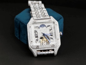 Reloj Mecánico Rectangular de Lujo con Incrustaciones de Diamantes, Fase Lunar, Correa de Acero Inoxidable, Esfera Analógica de 38 mm, Unisex - Product Image 3