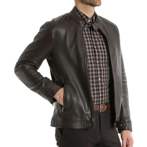 <b>Men's</b> Genuine <b>Leather</b> Moto <b>Jacket</b> Stand Collar Zipper Closure Slim Fit Black Regular Sleeve Autumn Wear - Product Image 1