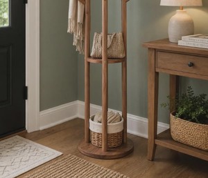 Porte-manteau en bois sur pied avec 3 étagères et 10 crochets, style scandinave moderne, meuble de rangement pour entrée - Product Image 5