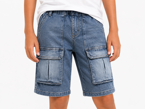 Shorts cargo en denim bleu délavé pour enfants, bas décontractés d'été pour garçons, shorts multi-poches, shorts en denim de qualité supérieure en coton - Product Image 3