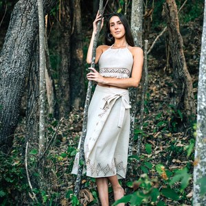 Mini-jupe vintage en gaze de coton naturel, faite à la main, avec ourlet à franges, taille naturelle, style bohème, pour l'été - Product Image 2