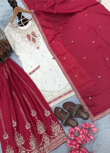 Ensemble Sharara 3 Pièces Traditionnel Indien Ethnique pour Mariage Hivernal et Fêtes, Coupe Slim, Brodé, Réversible, Infroissable, en Soie Fendy pour Diwali - Product Image 4