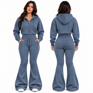 OEM Women Oversized Hoodie Set Cotton <b>Fleece</b> <b>Sweatshirt</b> and Wide Leg Pants Set Custom Logo Women Fashion Two Piece Hoodie Set - Product Image 3