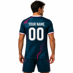 Conjunto de Camiseta de Fútbol Personalizada para Hombre, Azul Oscuro y Rosa, Estampado Geométrico Sublimado, Absorbente de Humedad, Corte Atlético, Manga Corta - Product Image 2