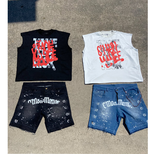 เสื้อกั๊กผ้ายีนส์ขาสั้นลำลองสำหรับผู้ชายเสื้อกล้ามซักกรดแบบวินเทจแนวสตรีทแวร์ตัดเย็บ - Product Image 3