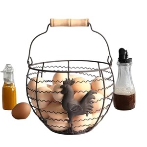 Moderno Porta Huevos Individual de Alambre Metálico Dorado, Estilo Rústico, Ecológico, Organizador de Cocina con Base de Madera y Asa - Product Image 2