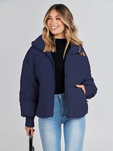 Women's Navy Quilted Jacket <b>Stand</b> Collar Full Sleeve Zipper Closure Thick Winter Solid Color Regular Length Casual <b>Coat</b> - Product Image 5