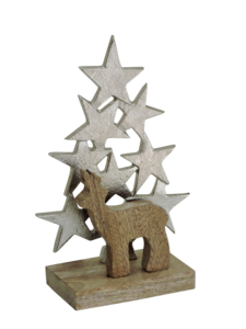 Figurine de renne en bois avec étoile en métal argenté, arbre de Noël empilé sur base en bois, décoration - Product Image 3