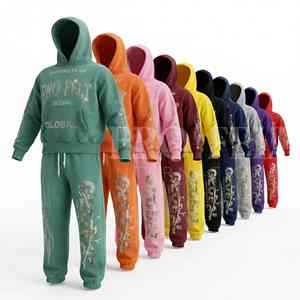 Ensemble sweat à capuche et pantalon de survêtement en coton et polyester imprimé sérigraphié motif flamme – Style décontracté, doux et confortable pour l'entraînement - Product Image 1