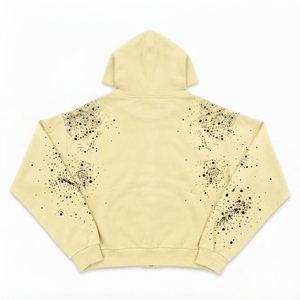 Sudadera corta con capucha de nuevo diseño, personalizada, de estilo urbano, de tejido grueso, con efecto desgastado por el sol, lavado ácido, pedrería, desgastada, con rotos y doble cremallera. - Product Image 2