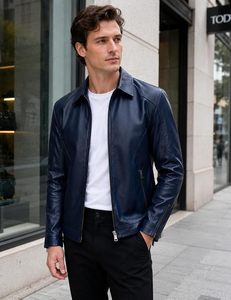 Men's Blue Genuine <b>Leather</b> <b>Jacket</b> Turn-down Collar Zipper Closure Solid Color Regular Length Casual Autumn Wear - Product Image 2