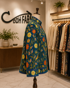 Women's Winter Blue Floral Embroidered Quilted Velvet Jacket 100% Cotton <b>Covered</b> <b>Button</b> Closure Eco-Friendly Windproof Festival - Product Image 3