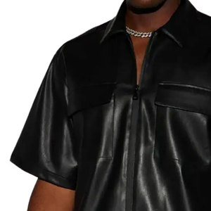 Chemises pour hommes en cuir véritable noir, style élégant, personnalisables OEM, respirantes, anti-plis, écologiques, de haute qualité, légères et satinées - Product Image 5