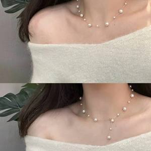 Collier en or 18 carats avec chaîne en os et perle d'eau douce naturelle de 4 à 7,5 mm, collier de bébé blanc ciel étoilé - Product Image 4