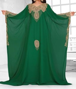 Abaya Larga de Poliéster con Bordado Amarillo y Detalles Dorados, Cuello Alto, Manga Larga, Talla Grande, para Mujeres, Estilo Oriente Medio, Eid - Product Image 3