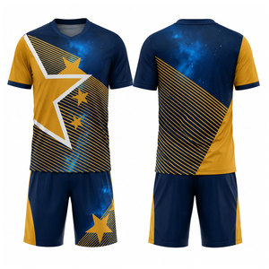 Conjunto de Uniforme de Fútbol para Hombre con Patrón de Estrellas, Jersey y Pantalones Cortos Sublimados en Azul y Dorado, Cuello en V, Absorbe la Humedad, Ropa para Todas las Temporadas - Product Image 1