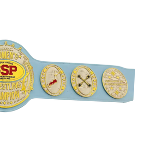 เข็มขัดแชมป์มวยปล้ำ SSP สำหรับผู้หญิง สายสีน้ำเงินคุณภาพสูง พร้อมธงชาติอเมริกาและญี่ปุ่น และดีไซน์แผ่นทอง - Product Image 3