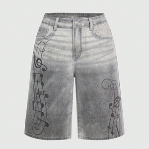 Shorts Vaqueros Grises Retro con Estampado de Notas Musicales, Corte Medio, Lavado Vintage, Casuales, de Moda, para Mujer, Estilo Urbano, Verano - Product Image 5