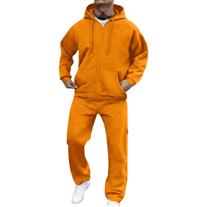 Ensemble de survêtement pour homme, noir, à capuche, fermeture éclair intégrale, couleur unie, sweat-shirt et pantalon décontractés, coupe classique, 100% coton, vêtements d'automne - Product Image 4