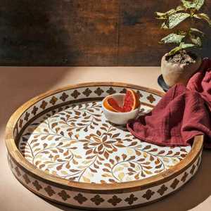 Handmade Luxury Mother of Pearl Inlay Round Serving Tray Turquoise Floral Capiz Shell <b>Mosaic</b> Decorative Ottoman Tray for Home - Product Image 6
