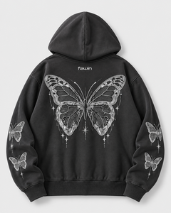 Sweat-shirt à capuche noir zippé pour femme F2win avec motif papillon à sequins – Vêtement décontracté d'automne – Vente en gros – Hoodie papillon noir - Product Image 1