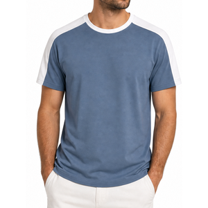T-shirt classique pour homme à manches raglan avec logo personnalisé, panneau contrastant sur l'épaule, bleu acier et blanc uni - Product Image 1
