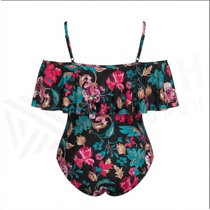 Maillot de bain une pièce à imprimé floral pour femmes, épaules dénudées, volants, bandeau, tricoté extensible, coupe régulière - Product Image 6