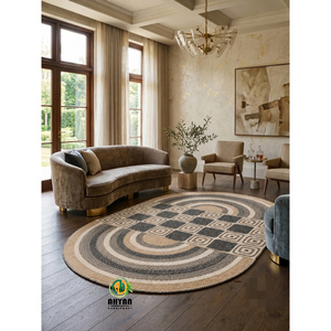 Tapis ovale personnalisable 100 % jute écologique 5x7 pieds, motif géométrique tressé beige gris naturel à poils plats - Product Image 4