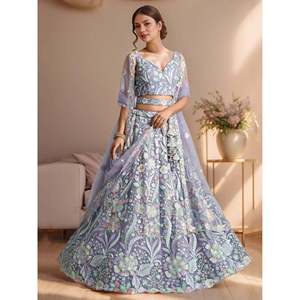 Astonishing Lavender Embroidered Net Designer Lehenga Choli with Dupatta for <b>Wedding</b> - Product Image 4