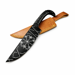 Cuchillo de Camping Estilo Vikingo Hecho a Mano por SAZ ENTERPRISES, Mango de Cuero con Cabeza de Cuervo de Odín, Acero al Carbono de Espiga Completa, 10 Pulgadas - Product Image 1