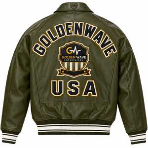 Chaqueta Bomber Varsity de Cuero de Alta Calidad, Fabricada por Goldenwave, con Diseño de Parche Bordado Personalizado, Estilo Urbano - Product Image 2