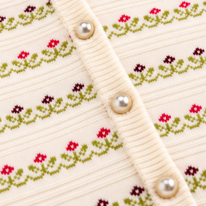 Cárdigan de punto floral de algodón suave con cuello redondo para mujer, color crema, manga larga, con botones al frente, proveedor mayorista para mujer - Product Image 6