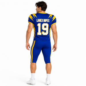 Uniforme de football américain pour hommes LANEX IMPEX de qualité supérieure LI-AFU-30, ensemble maillot et pantalon bleu et jaune avec impression par sublimation, numéro 19 - Product Image 4