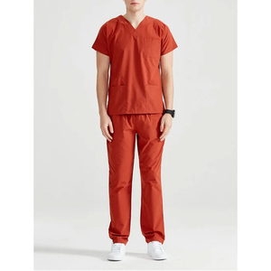 Unisex Red <b>Doctor</b> Scrub <b>Set</b> Rayon Woven V-Neck Short Sleeve Pants - Product Image 2