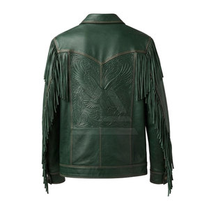Chaqueta de cuero con flecos para hombre, estilo vaquero occidental, con patrones decorativos en relieve, para uso casual y al aire libre. - Product Image 2