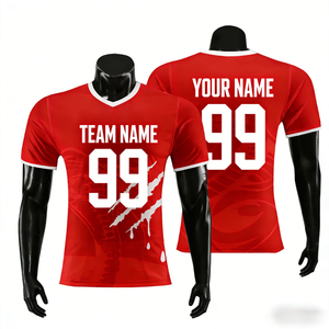 Maillot de football personnalisé pour homme, col en V, rouge et blanc, impression sublimée, numéro 99, polyester respirant, manches courtes, coupe classique - Product Image 3